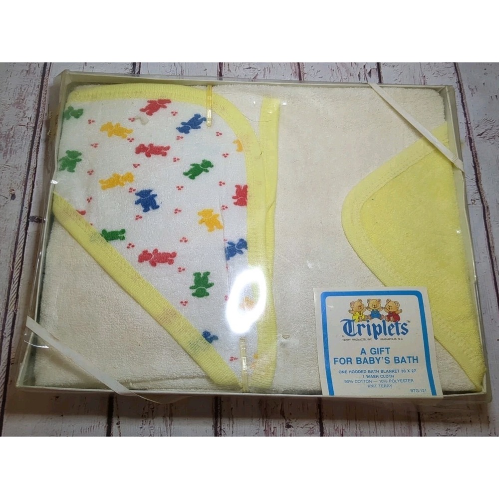 Triplets Knit Terry Baby Hooded Bath Blanket‎ Yellow/ Teddy Bear Vintage New